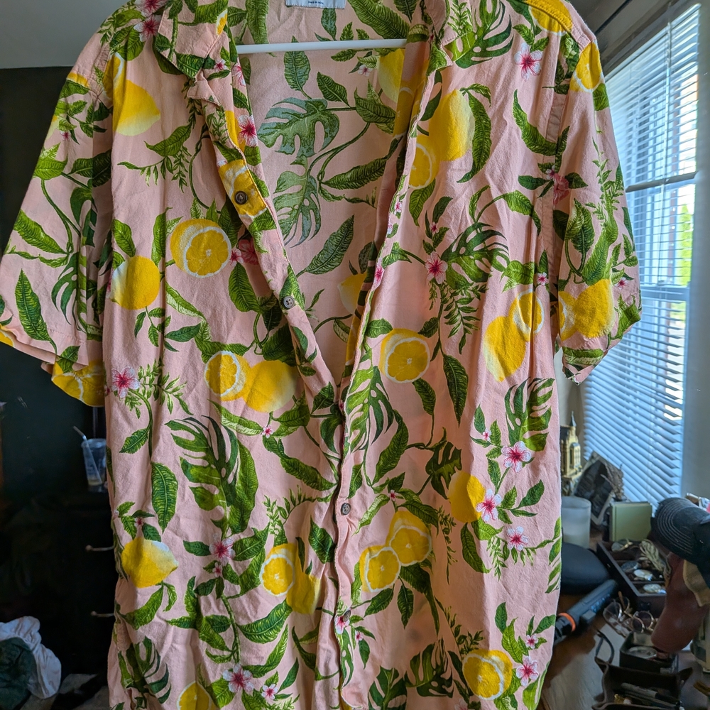 Old Navy Pink Shirt with Green Leaf Pattern